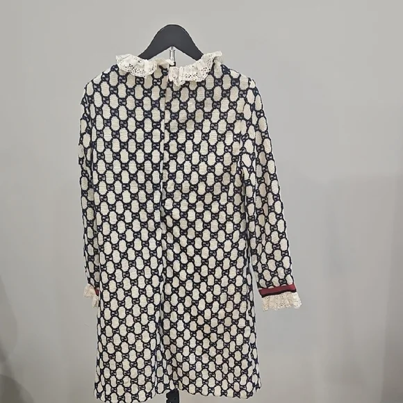 Gucci Cream & Navy Monogram Lace-Front Dress Coat with Red Trim - Picture 2 of 9